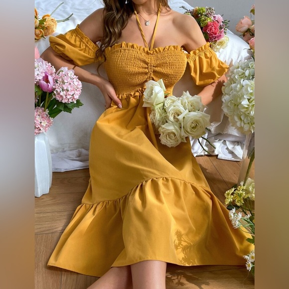 Shirred Frill Trim Tie Back Ruffle Hem Dress - Yellow - Picture 5 of 5
